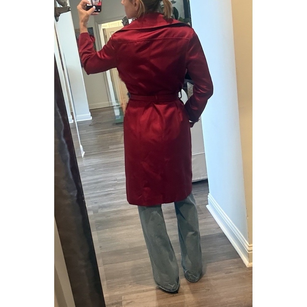 Rickie Freeman Teri Jon red Silk jacket Waist Tie Trench Coat Rhinestone Button - Picture 3 of 6